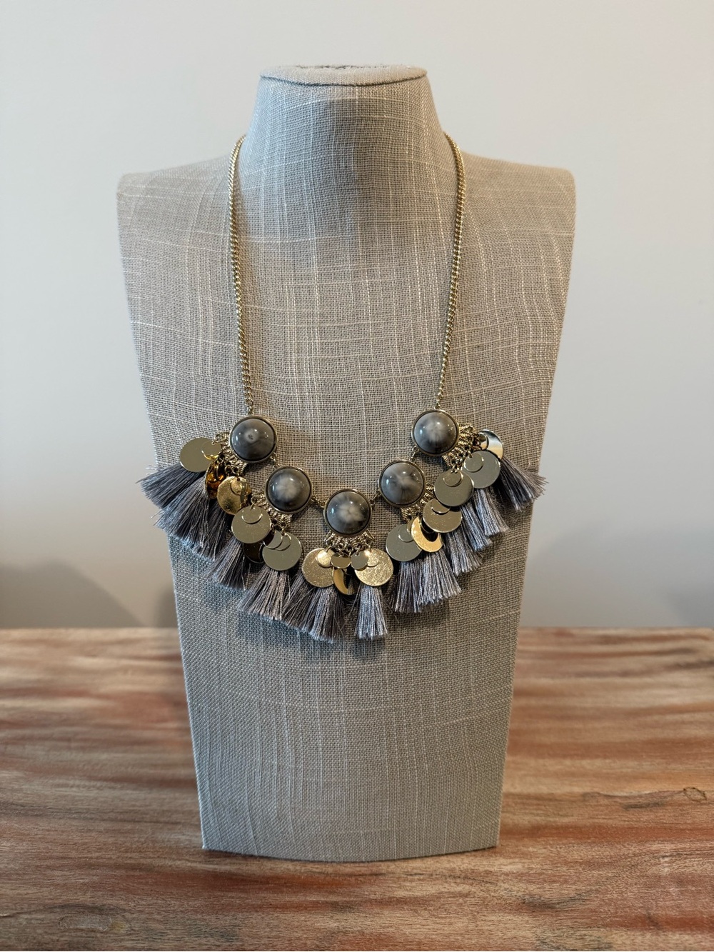 Gray Tassel and Gold Disc Statement Necklace - Women Jewelry